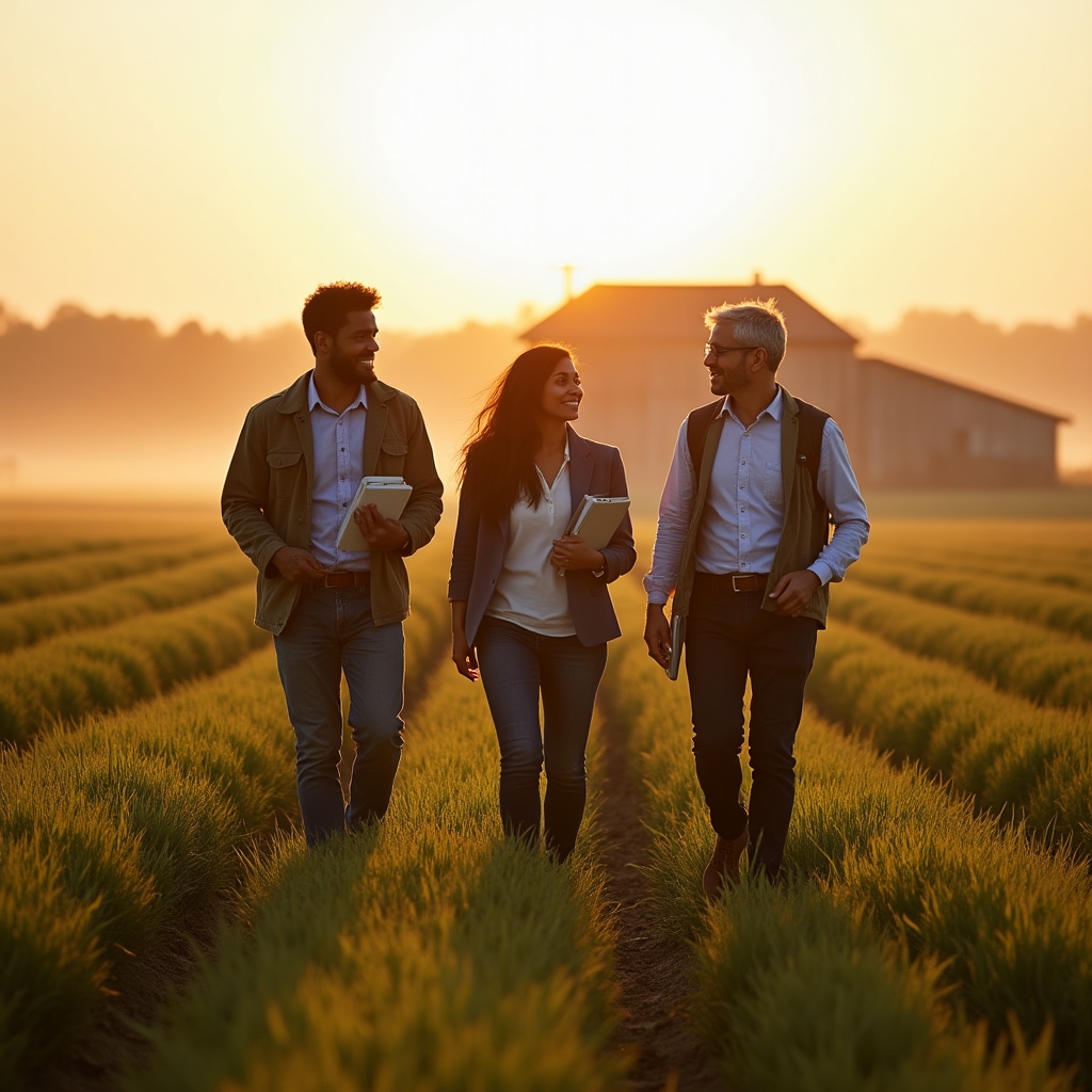 Equipo de consultoría caminando por un campo de cultivo junto a una cooperativa