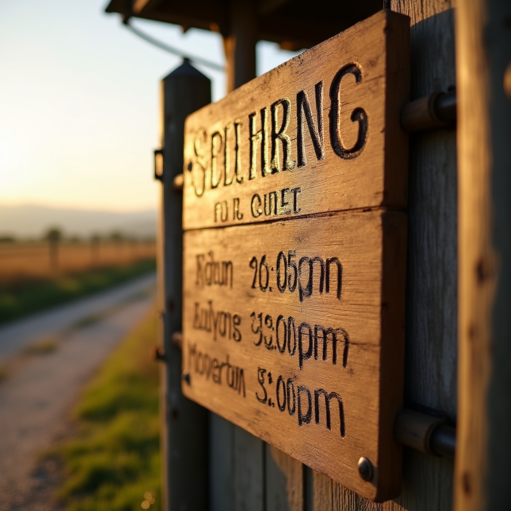 Cartel de madera con el horario de apertura de un punto de venta en finca
